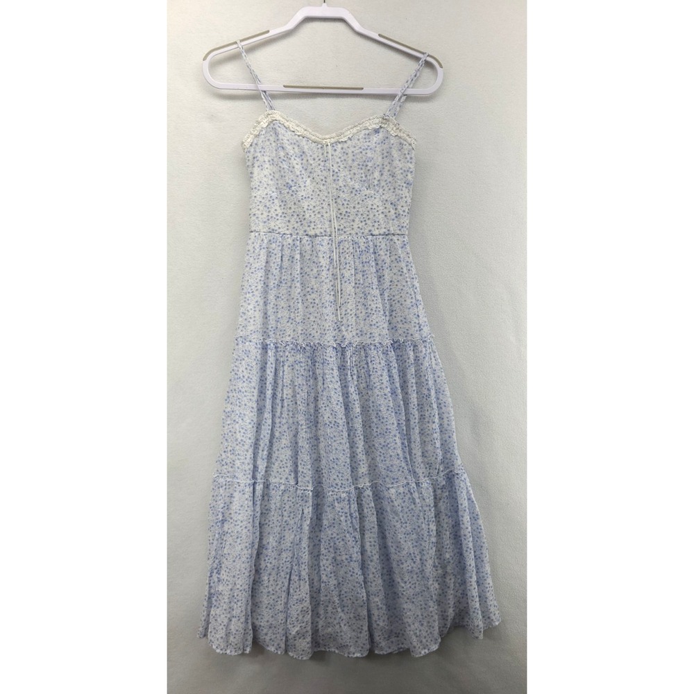 Blue Floral Maxi Dress Tiered Farmgirl Cottagecore XS sweetheart Neckline
